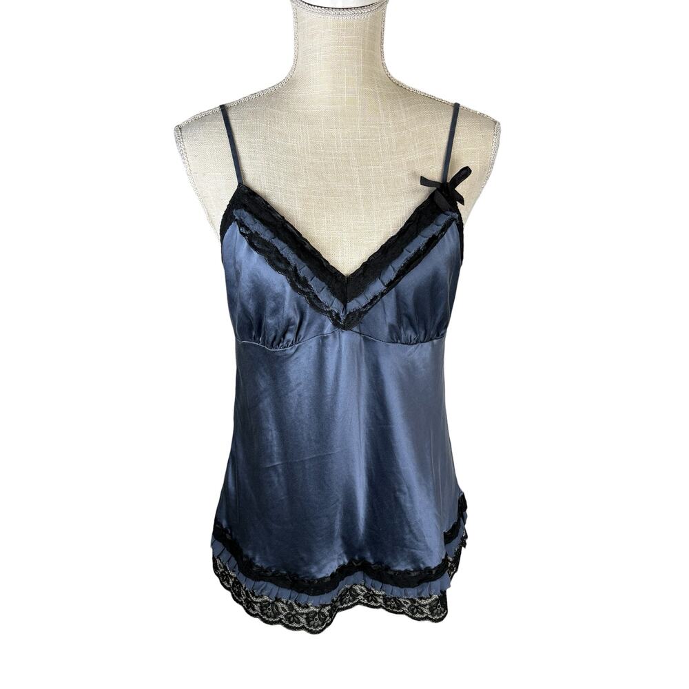 Gold Hawk 100% Silk Babydoll Cami Tank Women's Large Blue Lace Trim Y2K Fairy